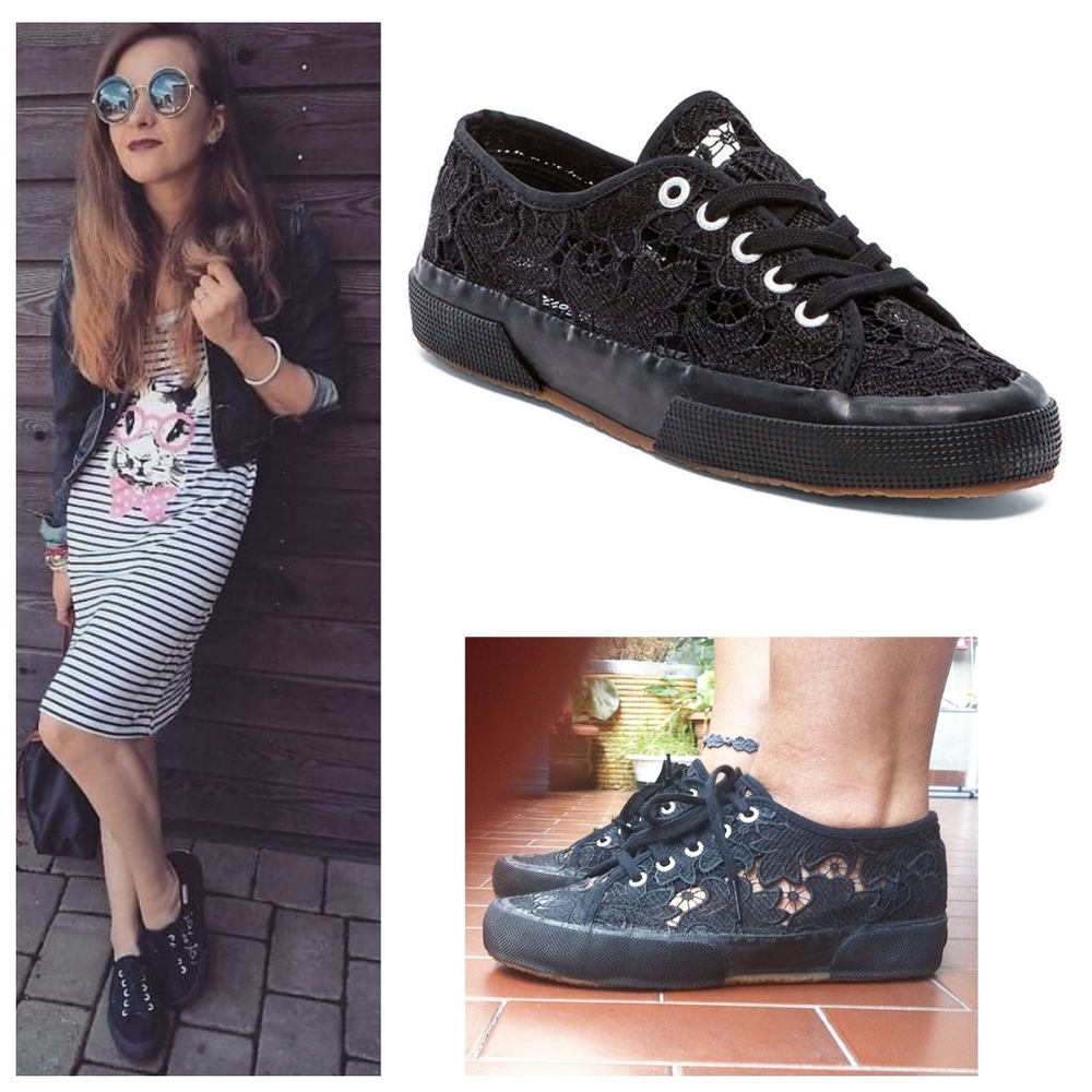 Superga all black macrame lace platform sneakers